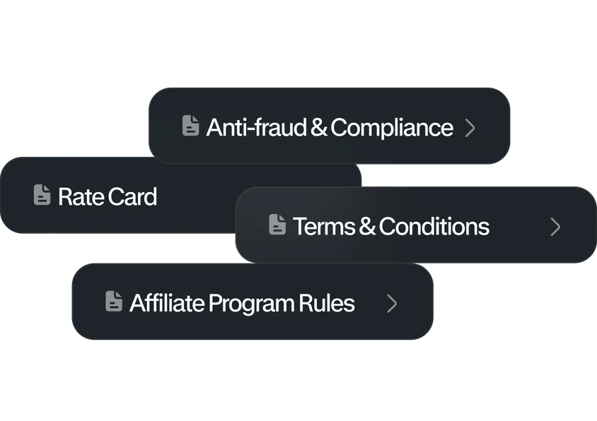 Links: Anti-fraud & Compliance, Rate Card, Terms & Conditions, Affiliate Program Rules